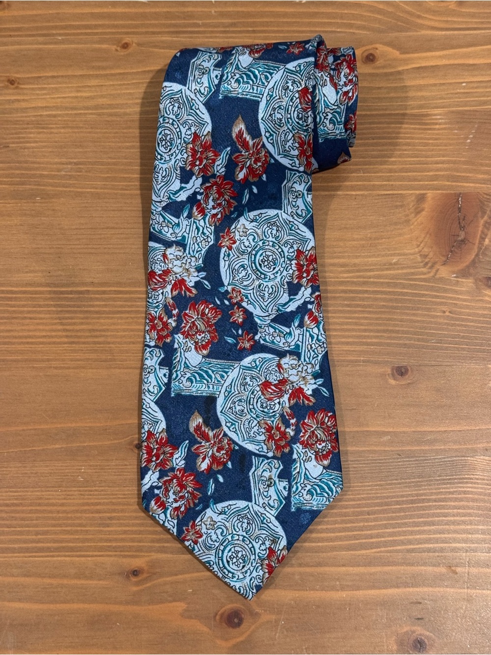 Vintage Pascal Handmade Men's Navy Floral Pattern Tie - Blue and Red